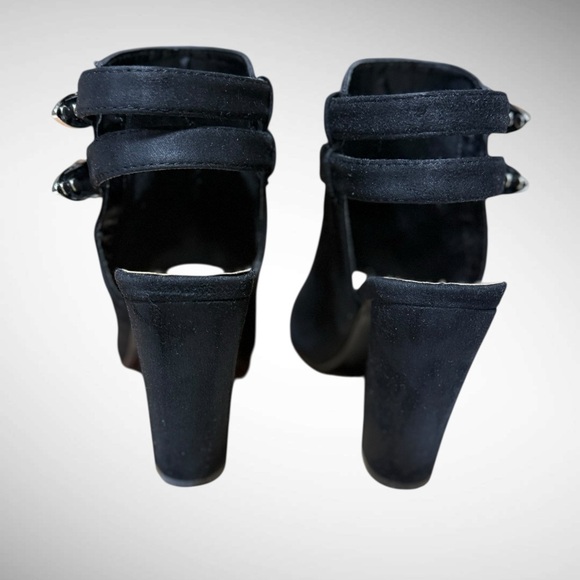 Black Faux Suede Peep Toe Block Heel Boots with buckle detailing Size 6 - Picture 3 of 15